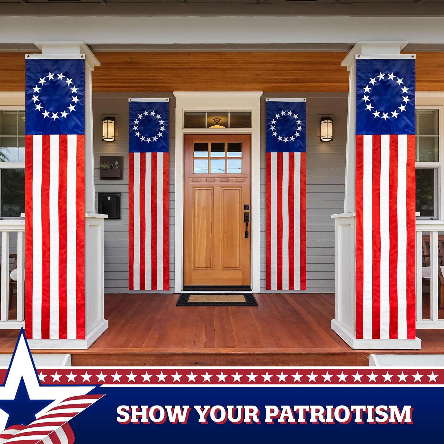 2 Pack: American Pulldown Flag Patriotic Bunting, 50 Embroidered Stars with 5 Fully Sewn Stripes, decorative bunting, 20" x8', Red/White/Blue, Vertical Flag Wall Déco USA TOP FLAGS, INC