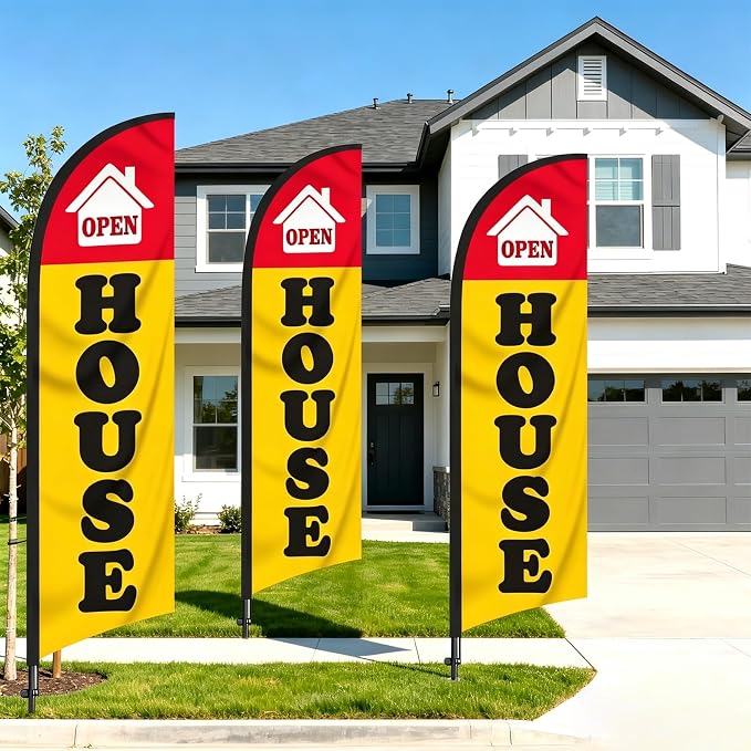 TOPFLAGS Open House Flag Kit 8Ft with Pole Ground Stake Portable Bag for Real Estate Agents - Outdoor Business Feather Flags Sign Banner (Yellow/Red) USA TOP FLAGS, INC