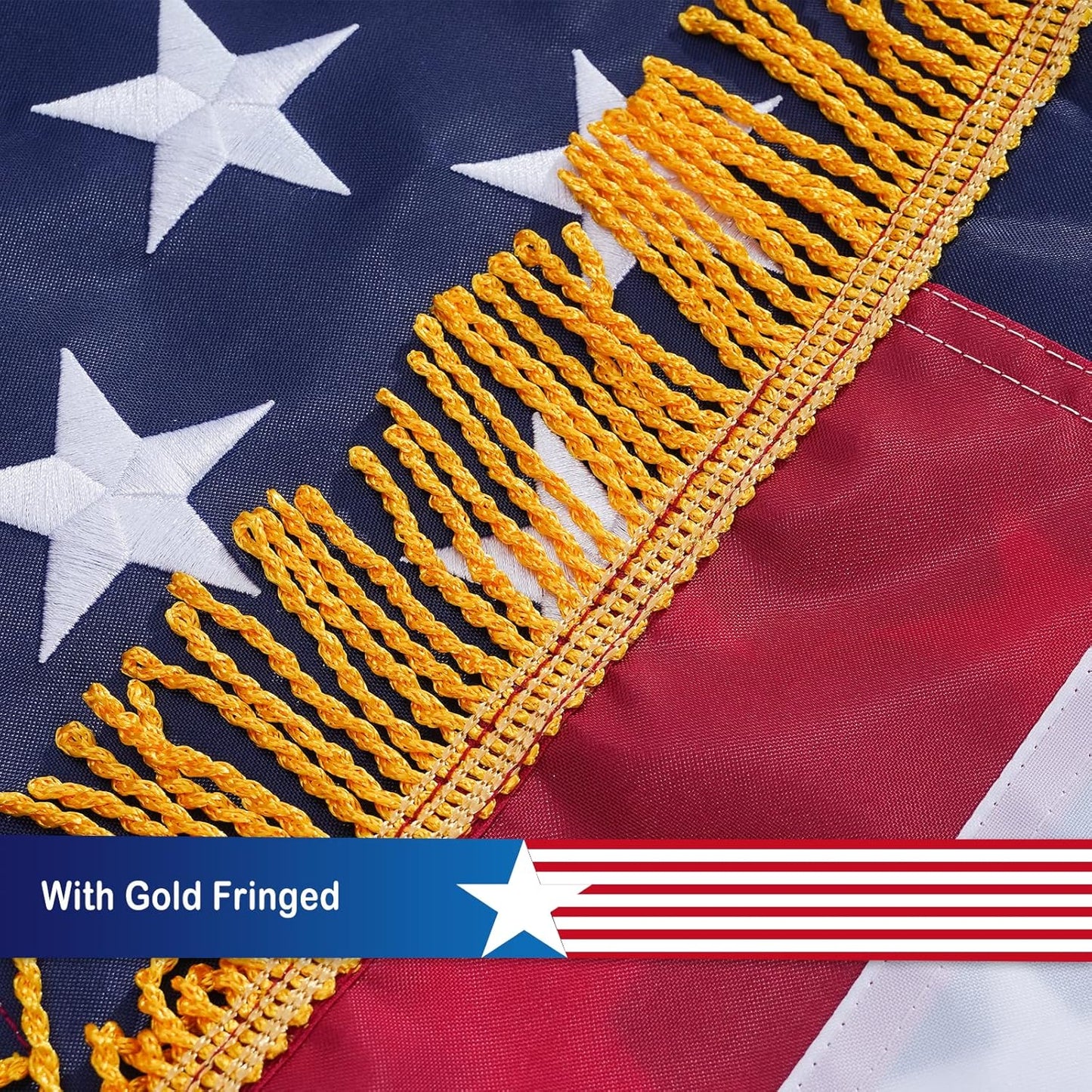 American Flag with Gold Fringed 3x5 Feet Made in USA, Luxury Embroidered Stars and Pole Sleeve Banner Style, Heavy Duty Polyester US Flags for Indoor