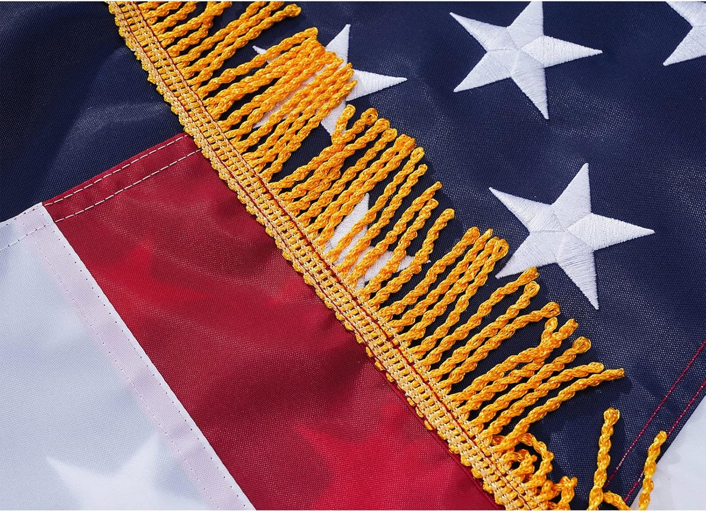 American Flag with Gold Fringed 3x5 Ft, Made in USA, Indoors USA Flag, Embroidered Stars, with 4 Rows of Lower Stitches