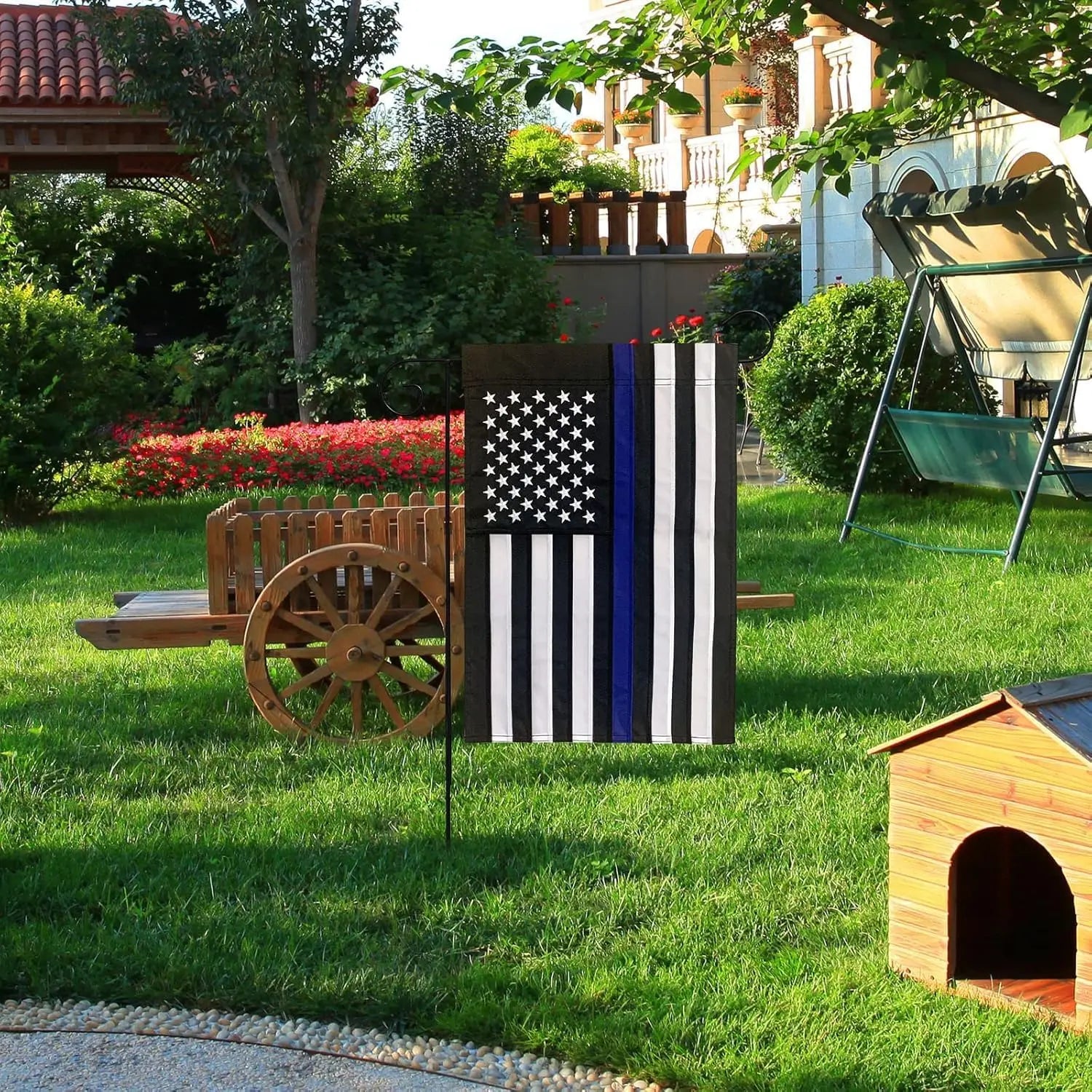 Thin Blue Line Garden Flag 12.5 x 18 Inch Double Sided, Embroidered American Police Flags for Outside, Back the Blue Flag for Lawn Outdoor Decoration USA TOP FLAGS,INC