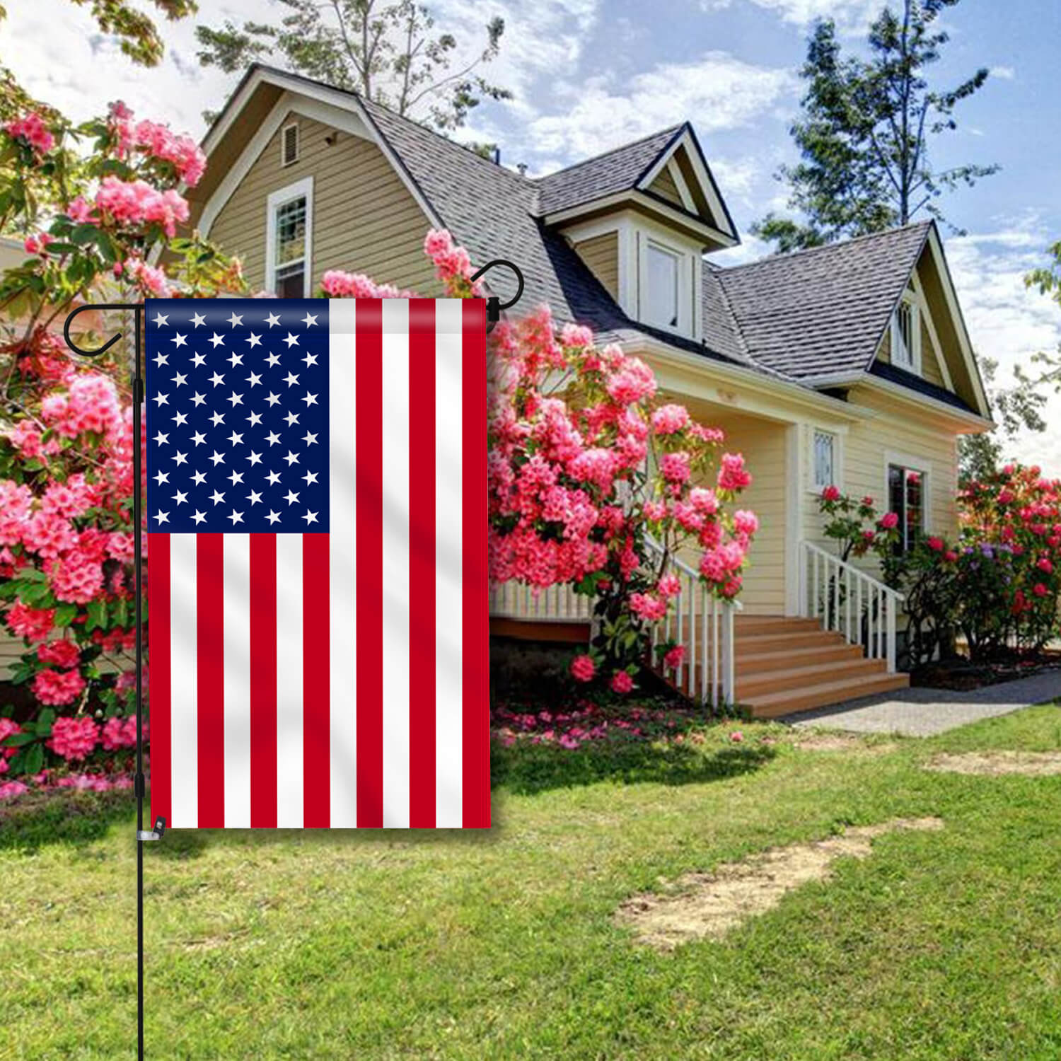 TOPFLAGS Garden Flag Stand with American Flag Garden Flag Heavy Duty Metal Yard Flag Holder Pole Stake Small Flag Stands for Garden Flags 12 x 18 with Clips and Stopper USA TOP FLAGS, INC