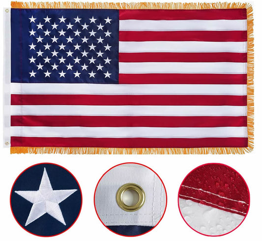 American Flag with Gold Fringed 4x6 Feet, Luxury Embroidered Stars and 2 Grommets Banner Style, Heavy Duty Polyester US Flags for Indoor Outdoor
