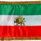 Iran Historical Table Flag with golden fringe- Iran Old Persia Lion and Sun Desk Flags 20x30 cm Persia with Adjustable Stand Pole from 24 to 42 Cm Royal Satin Double Sided