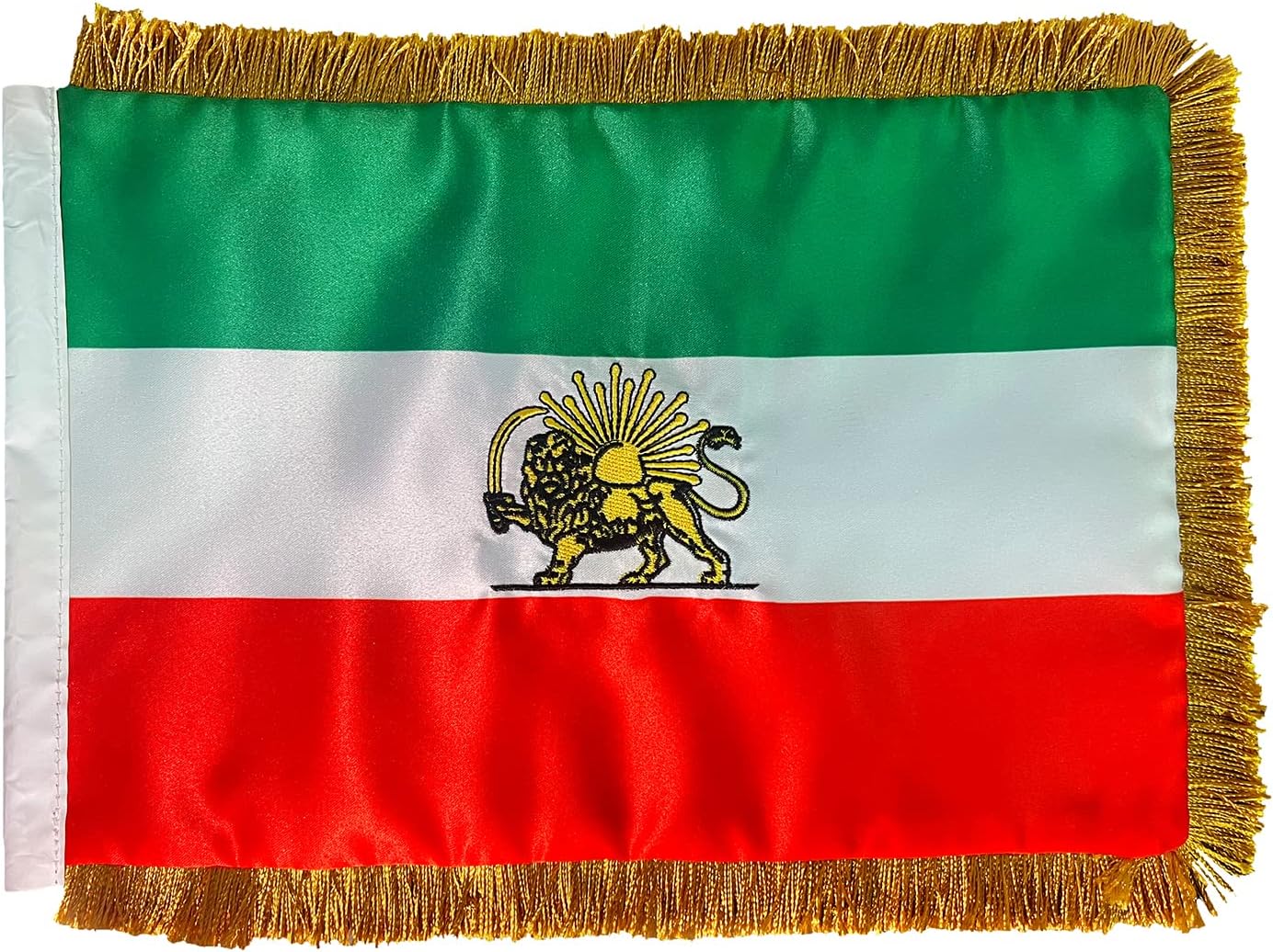 Iran Historical Table Flag with golden fringe- Iran Old Persia Lion and Sun Desk Flags 20x30 cm Persia with Adjustable Stand Pole from 24 to 42 Cm Royal Satin Double Sided