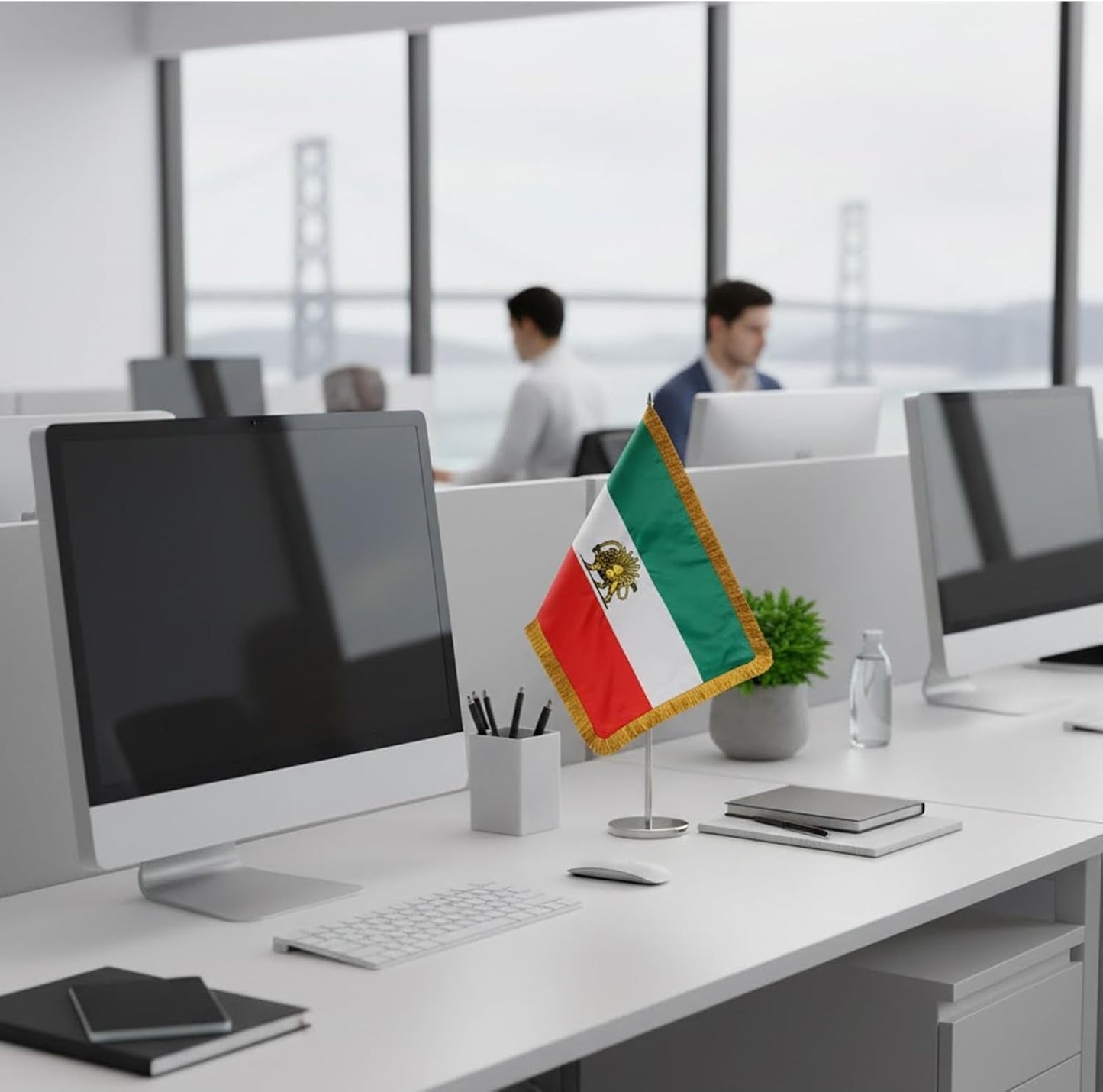 Iran Historical Table Flag with golden fringe- Iran Old Persia Lion and Sun Desk Flags 20x30 cm Persia with Adjustable Stand Pole from 24 to 42 Cm Royal Satin Double Sided