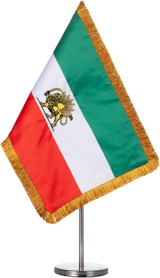 Iran Historical Table Flag with golden fringe- Iran Old Persia Lion and Sun Desk Flags 20x30 cm Persia with Adjustable Stand Pole from 24 to 42 Cm Royal Satin Double Sided USA TOP FLAGS,INC