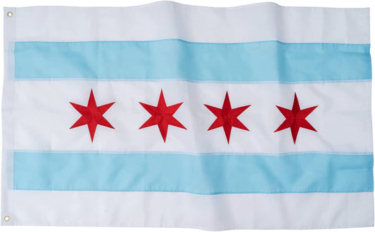 Chicago City Flag 2x3 FT, Embroidered Stars and Double Stitched Sewn Stripes with 2 Brass Grommets, Chicago IL Illinois Flags Outdoor Banner, Made in USA