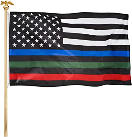 Pack of 2 Thin Blue Red Green Line Flag Police Military and Fire Flags 3x5 ft Blue Line American Flags with Green Stripe Canvas Header 2 Brass Grommets