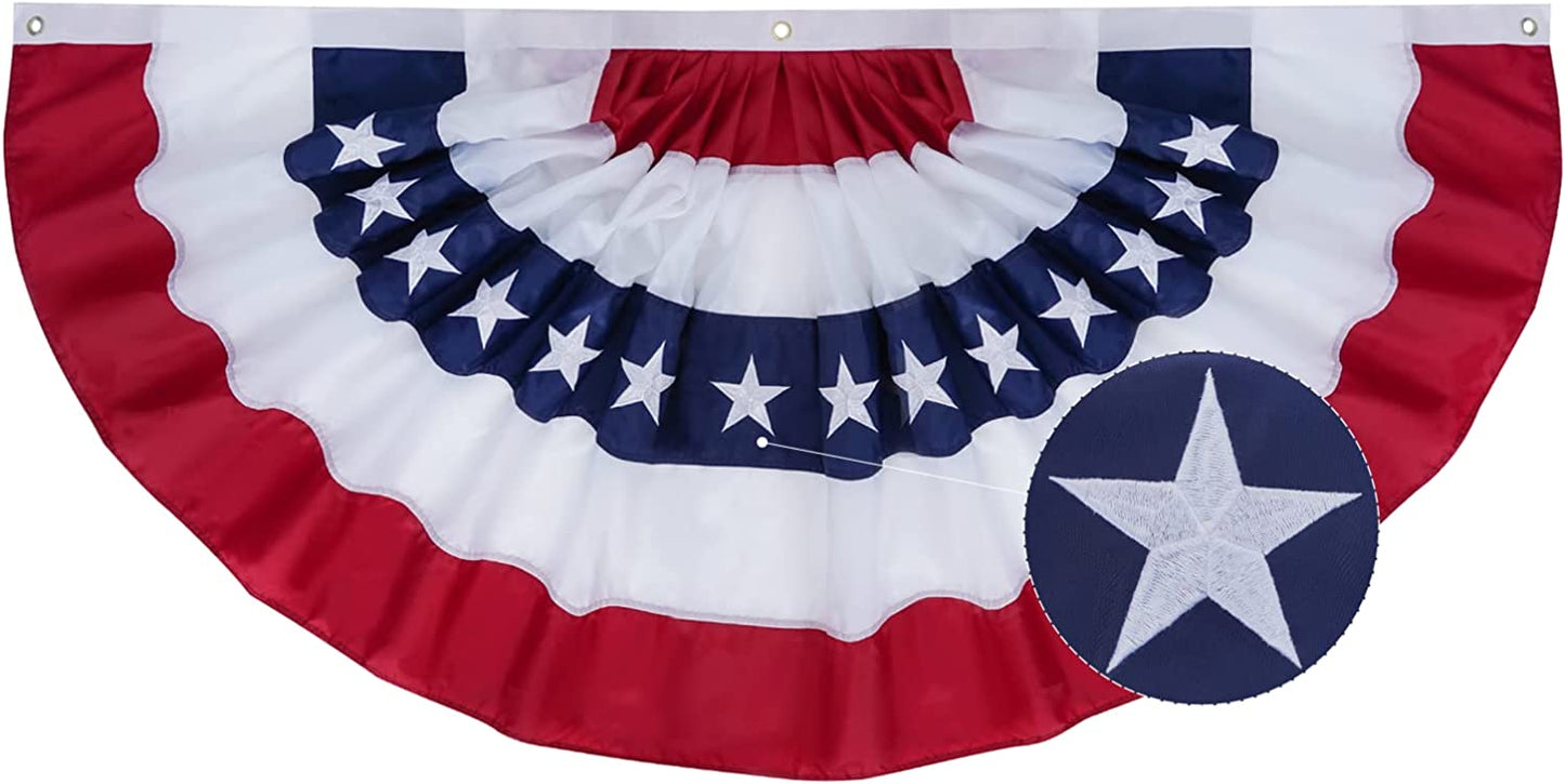 USA American Pleated Fan Flag 1.5x3 Feet Made in US, Embroidery Stars U.S.A 4th of July Bunting Flags with 3 Brass Grommets and Canvas, Patriotic Half Fan Banner for Fourth of July Deco