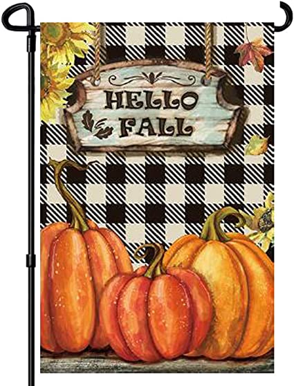 Pack of 2 Hello Fall Garden Flags - Sunflowers Pumpkin Plaid Flag Autumn 12.5 x 18 Inch - House Yard Double Sided hanksgiving Day Decoration Country Outdoor Indoor Banner