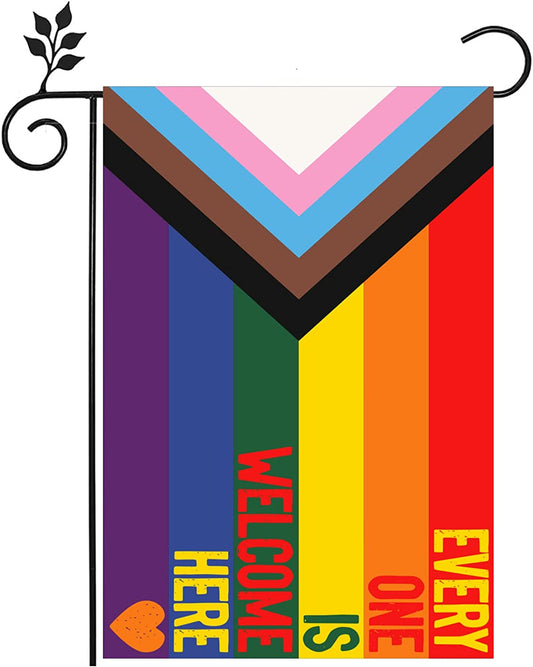 Pack of 2 Progress Pride Everyone Is Welcome Here LGBT Garden Flag 12x18 Inch, Double Sided LGBTQ Transgender Gay Flags for Outdoor Yard, All Inclusive Progressive Flag Banner for All Season
