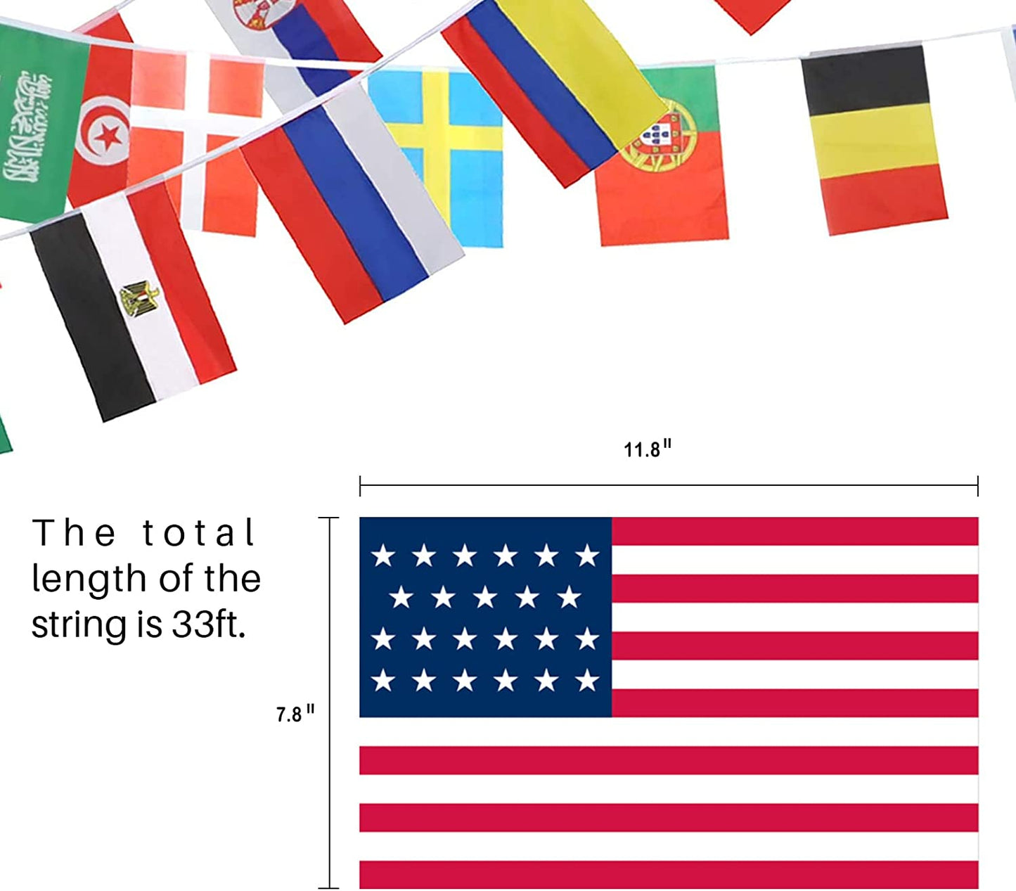 33Ft, 32 Countries Flags 11.8"x7.8", International Bunting Pennant Banner with Vivid Color and String, World Party Decoration for Sports Clubs Bars