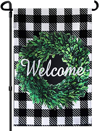 Pack of 2 Welcome Boxwood Wreath Garden Flag - Double Sided Buffalo Plaid Check Flag Autumn 12.5 x 18 Inch - House Yard vertical Decoration Country Outdoor Indoor Banner