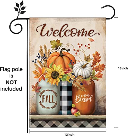 Pack of 2 Fall Garden Flag 12 x 18 Inch Double Sided for Outside Autumn Pumpkin Welcome Decorations Banner Seasonal Farmhouse Yard Decor