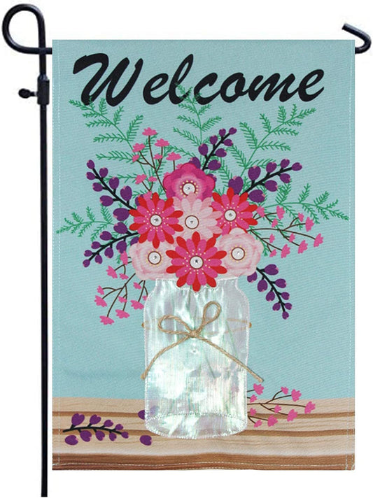 Pack of 2 Spring Summer Flower Vase Applique Welcome Garden Flag 12.5x18 inch Double Sided Heavy Duty Polyester Garden Yard Flags for Outdoor