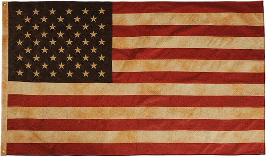 Vintage Tea Stained American Flag 3x5 Feet Made in USA, Embroidered Stars Double Stitched Stripes and Brass Grommets, Durable Heavy Duty Nylon USA Flags