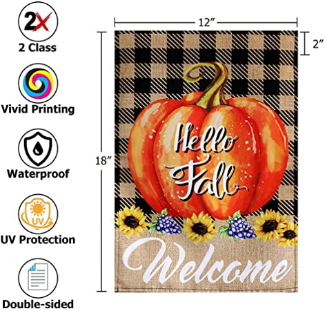 Pack of 10 Hello Fall Garden Flag Autumn Buffalo Check Pumpkins - Small Vertical Welcome Garden Yard Flags Banner 12x18 Double Sided Farmhouse Home Fall Porch Decor Outside
