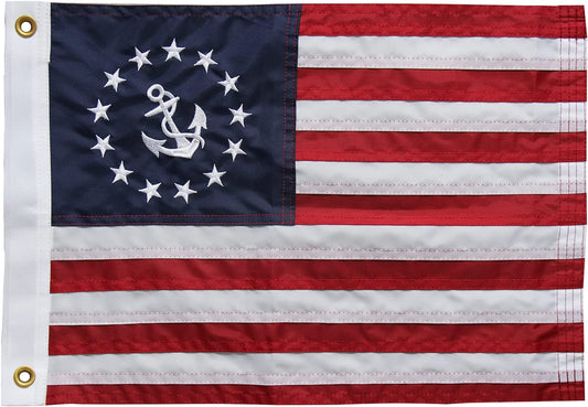 US Yacht Ensign Sewn Boat Flag 12x18 Inch Made in USA, Embroidered Stars and 2 Brass Grommets, Heavy Duty Nylon Nautical Flags for Motorcycle