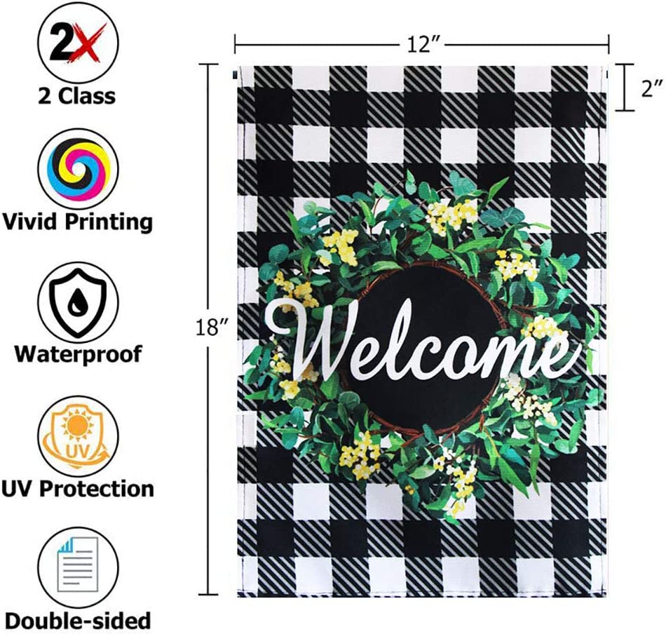 Pack of 2 Fall Boxwood Wreath Welcome Garden Flag- 12x18 Inch Double Sided Autumn Buffalo Check Plaid Vertical Garden Yard Flag Farmhouse Home Décor