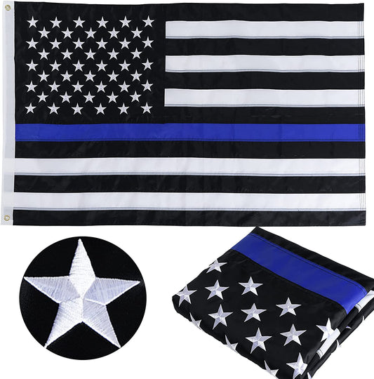 Thin Blue Line Flags 3x5 Outdoor Made in USA - Embroidered Stars Police Flag, Heavy Duty Back The Blue Flag Stripe Blue Line Lives Matter Flags Banner with 2 Brass Grommets