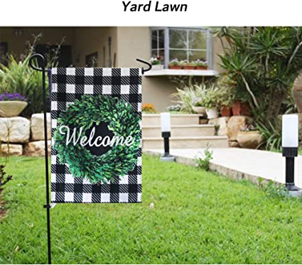 Pack of 2 Welcome Boxwood Wreath Garden Flag - Double Sided Buffalo Plaid Check Flag Autumn 12.5 x 18 Inch - House Yard vertical Decoration Country Outdoor Indoor Banner