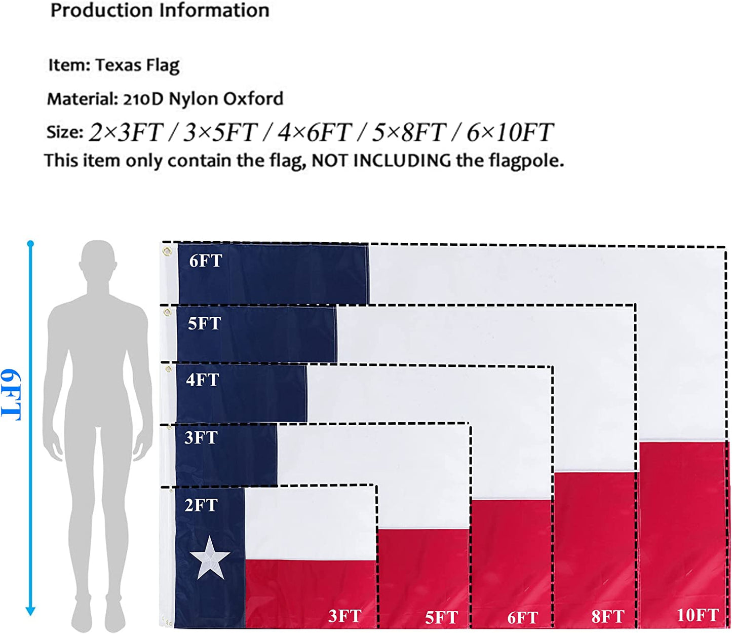 Texas Flag 6x10 Feet - Embroidered Star Sewn Stripes Outdoor Heavy Duty 210D Oxford Nylon Flags Vivid Color - Canvas Header Brass Grommets and 4 Stitch Hemming TX Flag