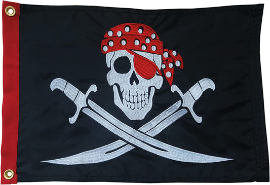 Pack of 2 Red Bandanna Hat Pirate Boat Flag 12x18 Inch Made in USA, Embroidery Jolly Roger Pirate Yacht Flags with 2 Brass Grommet, Heavy Duty Nylon Skull Outdoor Banner for All Weather