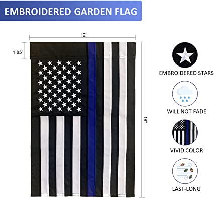 Pack of 2 Thin Blue Line Garden Flag 12.5×18 inch, Embroidered Stars American Police Flags, Double Sided Back the Blue Stripe Blue Lives Matter Flag for Outdoor Indoor Yard Lawn Honoring Law Enforcement Officers