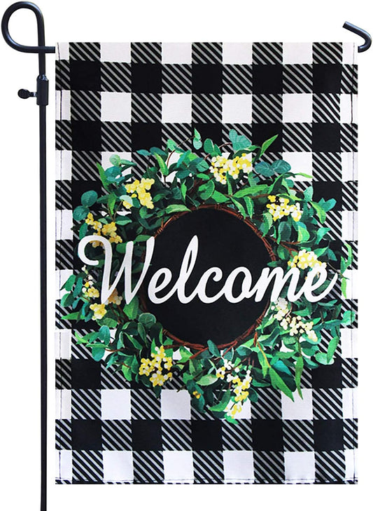 Pack of 2 Fall Boxwood Wreath Welcome Garden Flag- 12x18 Inch Double Sided Autumn Buffalo Check Plaid Vertical Garden Yard Flag Farmhouse Home Décor