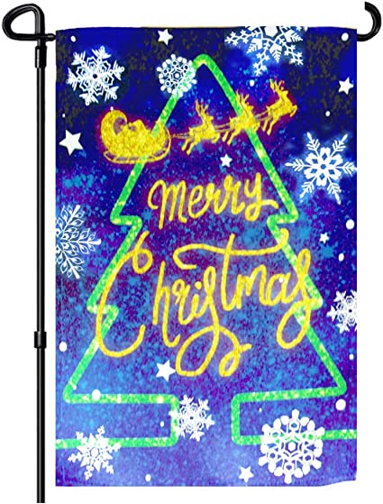 Pack of 2 Merry Christmas Tree Garden Flag - Double Sided 12.5 X 18 Inch Snowflake Yard Flags - Winter Outdoor Primitive Vintage Banner