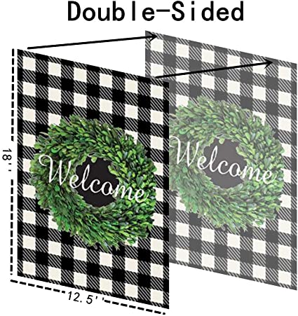 Pack of 2 Welcome Boxwood Wreath Garden Flag - Double Sided Buffalo Plaid Check Flag Autumn 12.5 x 18 Inch - House Yard vertical Decoration Country Outdoor Indoor Banner