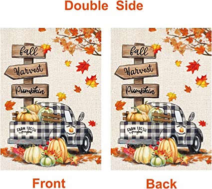 Pack of 2 Fall Garden Flag Yard Flags 12 x 18 Inch Double Sided Pumpkin Outdoor Flag Welcome Decorations for Home Porch Outside (Fall-Harvest Car)