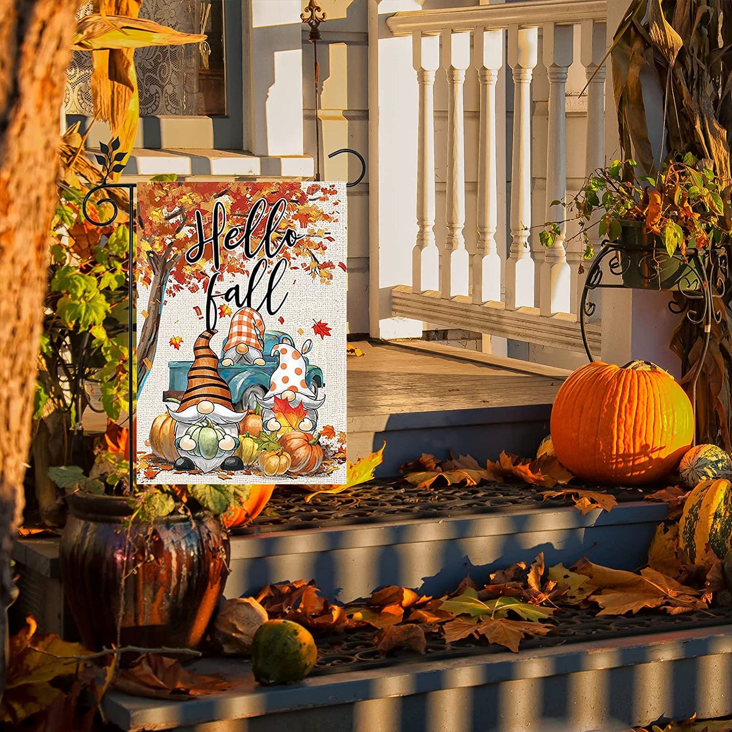 Pack of 2 Happy Fall Garden Flag 12x18 Inch Double Sided, Autumn Gnome Pumpkin Maple Leaves Yard Flags for Farmhouse Porch