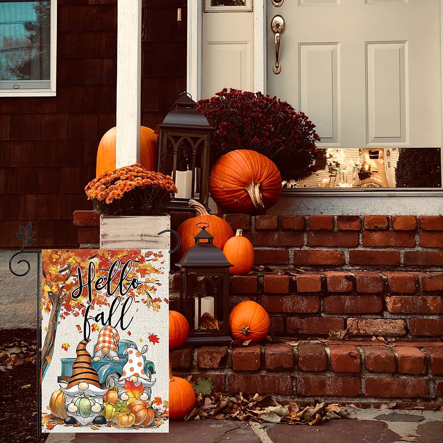 Pack of 2 Happy Fall Garden Flag 12x18 Inch Double Sided, Autumn Gnome Pumpkin Maple Leaves Yard Flags for Farmhouse Porch