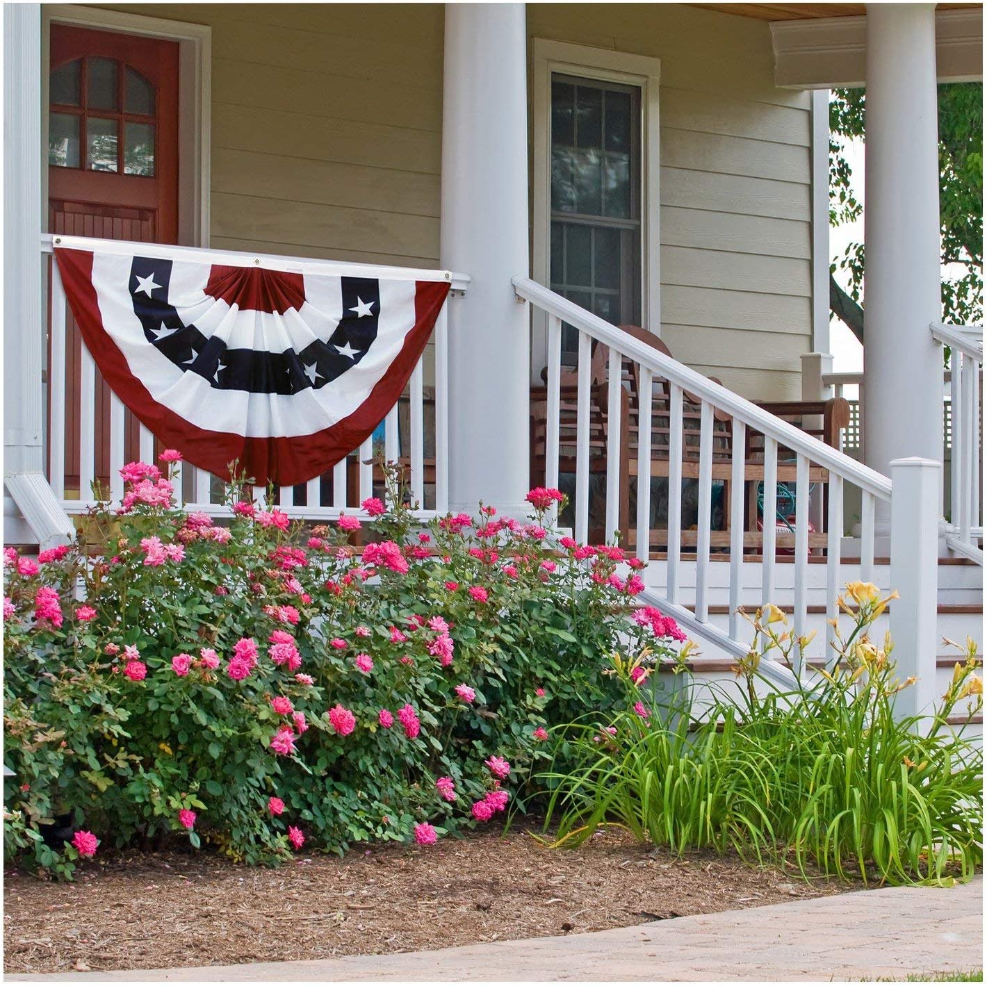 USA Pleated Fan Bunting Flag - 3x6ft Oxford Nylon America Half Fan Set - Embroidered US Patriotic Stars & Stripes Canvas Header Brass Grommets