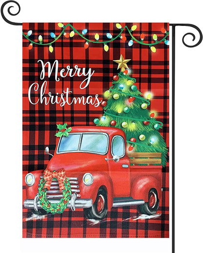 Pack of 2 Christmas Garden Flag Merry Christmas Yard Flags 12x18 Double Sided Red Truck Xmas Decor for Outdoor, Outside