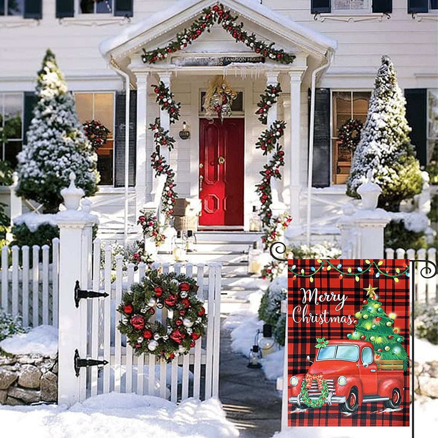 Pack of 2 Christmas Garden Flag Merry Christmas Yard Flags 12x18 Double Sided Red Truck Xmas Decor for Outdoor, Outside