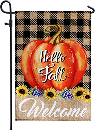 Pack of 10 Hello Fall Garden Flag Autumn Buffalo Check Pumpkins - Small Vertical Welcome Garden Yard Flags Banner 12x18 Double Sided Farmhouse Home Fall Porch Decor Outside