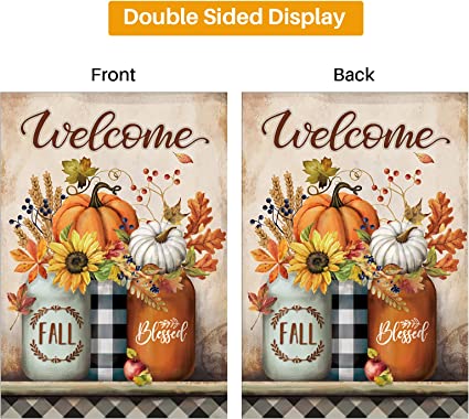 Pack of 2 Fall Garden Flag 12 x 18 Inch Double Sided for Outside Autumn Pumpkin Welcome Decorations Banner Seasonal Farmhouse Yard Decor