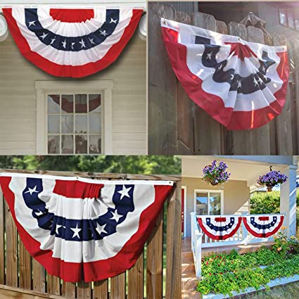 American Pleated Fan Flag 3x6 Ft USA Bunting Flags Patriots Flag Decorations with Embroidered Stars Sewn Stripes for Porch Outside