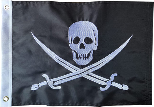 Pack of 2 Pirate Boat Flag 12x18 Inches Made in USA, Embroidery Jolly Roger Pirate Yacht Flags with 2 Brass Grommet, Heavy Duty Nylon Skull Outdoor Banner for All Weather