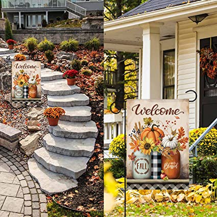 Pack of 2 Fall Garden Flag 12 x 18 Inch Double Sided for Outside Autumn Pumpkin Welcome Decorations Banner Seasonal Farmhouse Yard Decor