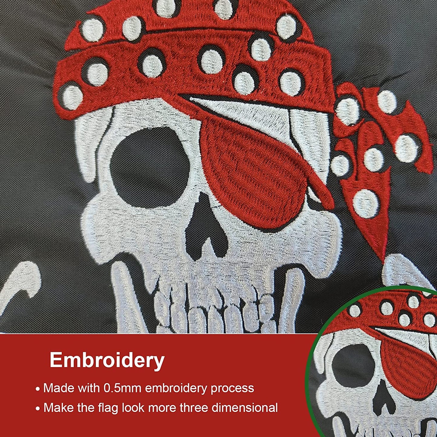 Pack of 2 Red Bandanna Hat Pirate Boat Flag 12x18 Inch Made in USA, Embroidery Jolly Roger Pirate Yacht Flags with 2 Brass Grommet, Heavy Duty Nylon Skull Outdoor Banner for All Weather