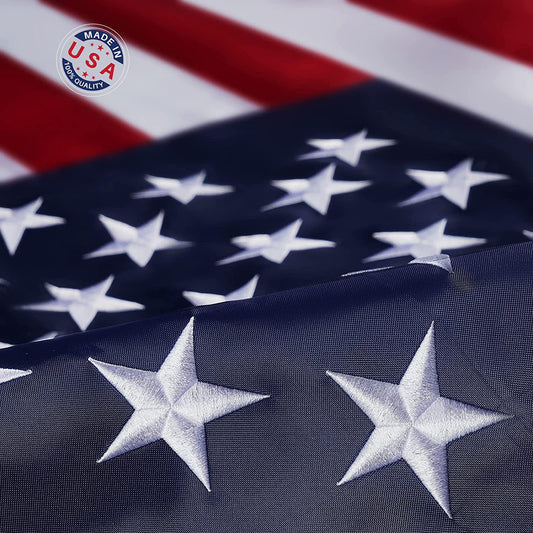 American Flag 5x8 - Made in USA Heavy Duty Embroidered Stars 5x8 Foot Flags Outdoor Banner US Nylon Sewn Stripes Indoor with 3 Brass Grommets