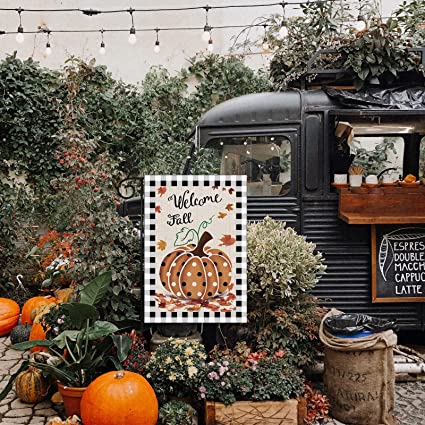 Pack of 2 Fall Pumpkin Garden Flags12 x 18 Inch Double Sided for Outdoor Autumn Welcome Decorations Banner Seasonal Farmhouse Yard Decor