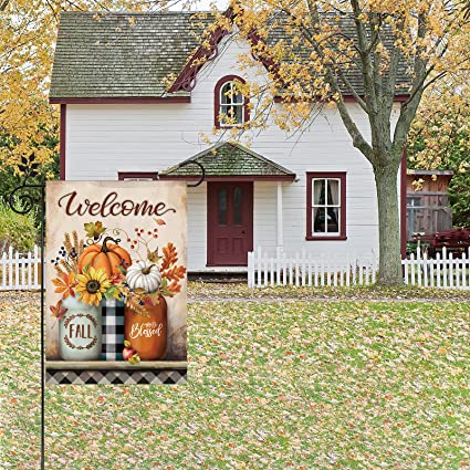 Pack of 2 Fall Garden Flag 12 x 18 Inch Double Sided for Outside Autumn Pumpkin Welcome Decorations Banner Seasonal Farmhouse Yard Decor